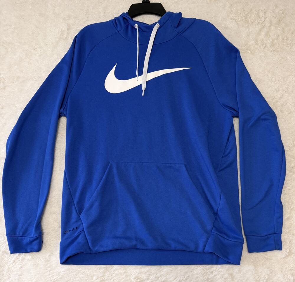 Nike Mens Hoodie Sweatshirt Sz Large Royal Blue Center Swoosh Dri Fit Pullover
